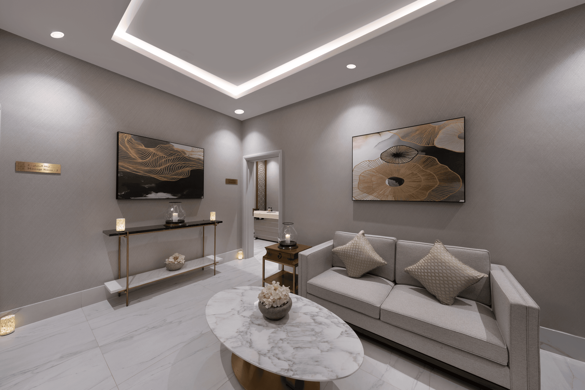 The spa reception at Sariya Hotel, rattan screens and the treatment counter beyond